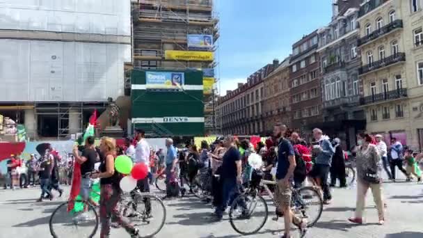 Manifestantes Caminando Calle Ondeando Banderas Movimiento Palestina Libre Bruselas Bélgica — Vídeo de stock