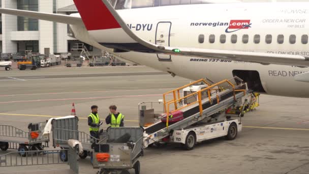 Екіпаж Аеропорту Завантажує Багаж Пасажира Літаку Через Пояс Конвеєра Статичний — стокове відео
