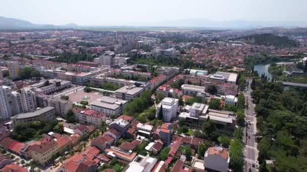 Podgorica Montenegro Vista Aérea Capital Downtown Edifícios Praça Independência Ruas — Vídeo de Stock