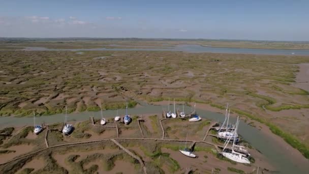 Boats Woodrolfe Creek Tollesbury Fleet Sunny Day Maldon Essex Aerial — Video
