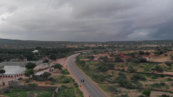 Drone Captures Two Biker Driving Bike Isolated Highway Tharparkar Which — Video