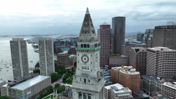 Douanetoren Luchtfoto Onthullen Van Boston Harbor Het Historische Centrum — Stockvideo