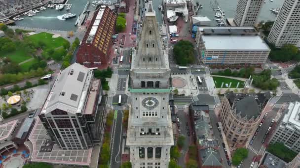 Vrijheidsspoor Boston Luchtfoto Kantelen Custom House Tower Harbor — Stockvideo