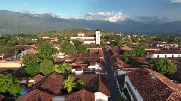 Stadsbilden Santa Antioquia Colombia Gamla Koloniala Stadsbyggnader Och Katolska Katedralen — Stockvideo