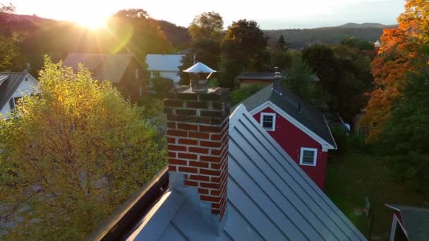 Red Brick Chimney Home Rooftop Aerial Autumn Utility Bills Home — Stock Video