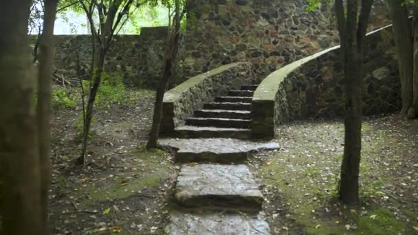 Push View Stone Walkway Approaching Stairs Remains Old House Estate — Stock Video