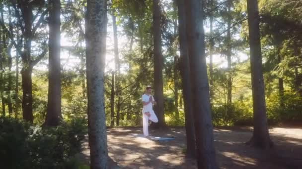 Καυκάσιος Ενήλικας Κρατά Δέντρο Ποζάρουν Βρικασάνα Στη Σκιά Ενός Ώριμου — Αρχείο Βίντεο