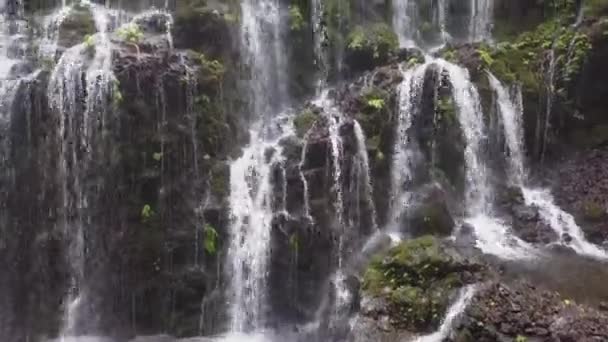 Luft Steigt Niedrig Fließenden Wasserfall Dichten Grünen Tropischen Dschungel Über — Stockvideo