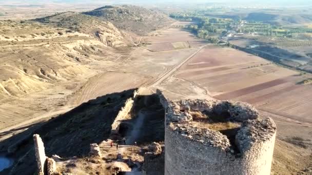 Aerial Shot Old Abandoned Castle Moya Morning Beautiful Dry Valley — Stock Video