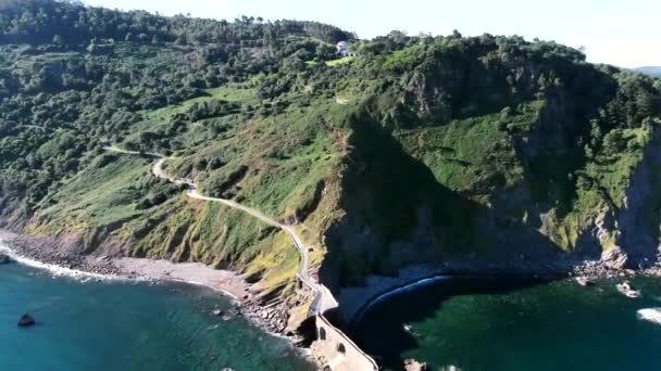 Aerial View San Juan Gaztelugatxe Church Zigzag Stairs Cantabrian Sea — Video