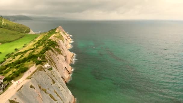 Aerial Fly View Cliffs Coast Zumaia San Telmo Church Basque — Vídeos de Stock
