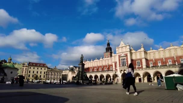 Female Tourist Walking Main Market Square Adam Mickiewicz Monument Cracow — Video