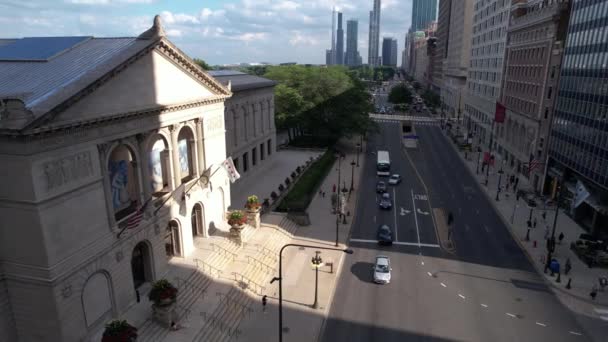 Art Institute Chicago Usa Lit Evening Sun Drone Aerial View — Stock video