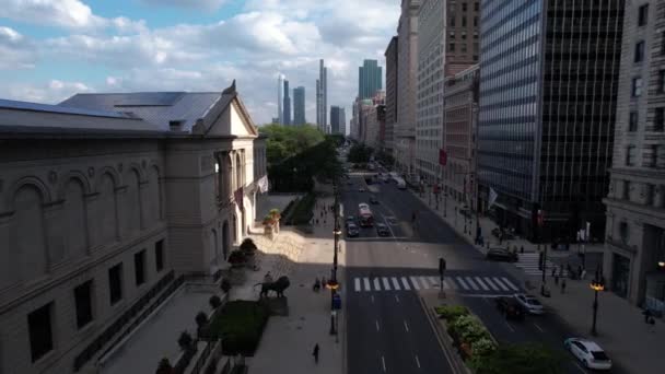 位于南密歇根大道上的芝加哥艺术研究所的空中景观 交通和摩天大楼 — 图库视频影像