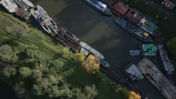 Aerial Top View River Barge Harbor — Video
