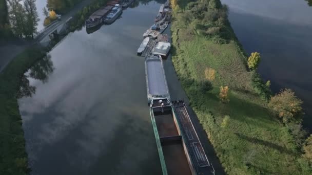 老拖船和拖船停泊在易北河上的一个海湾里 无人机升空了 — 图库视频影像