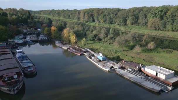 Aerial View Morning Marina Anchored Towboats Bay Elbe River — Stock Video
