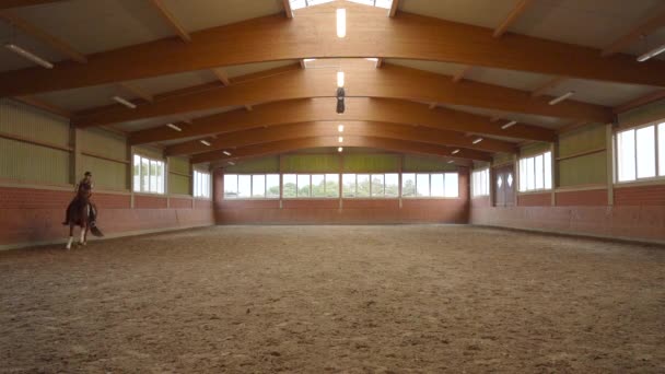 Girl Riding Dressage Horse Running Indoor Riding Arena Wide — 비디오