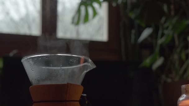 Close Uitzicht Een Stomende Pot Koffie Met Grote Plant Achtergrond — Stockvideo