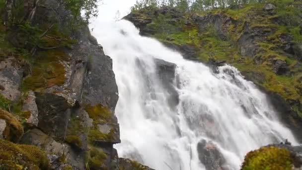 ノルウェーの素晴らしい景色の中でトレッキング 滝緑の苔や岩の水の真ん中を噴霧 強力な飲料純粋な水の流れ 安定した映像はない — ストック動画