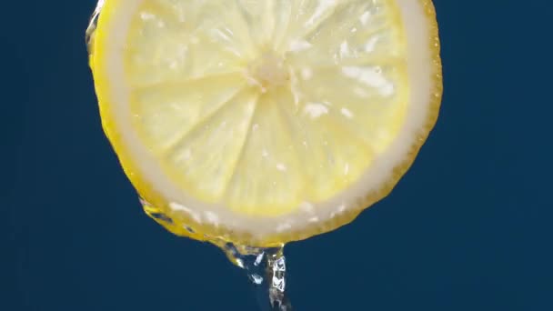 Slow Motion Macro Shot Flowing Water Lemon Slice Μπλε Μαύρο — Αρχείο Βίντεο