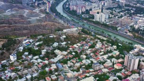 Letecký Pohled Tbilisi Cityscape Hory Řeku Kura — Stock video