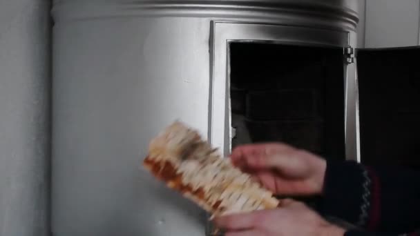 人们把桦树皮劈开放在壁炉边 挪威风格更甜 稳定的能源危机镜头 节约石油和电力 — 图库视频影像