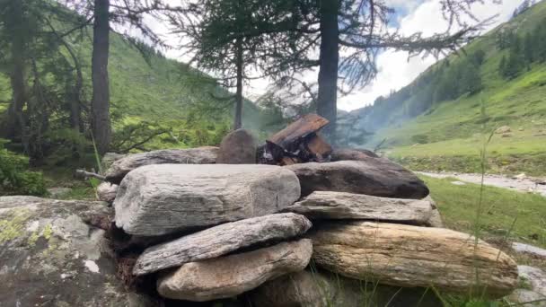 Close Camp Fire Burning Wood Logs Stones Mountains Side Flows — Vídeos de Stock