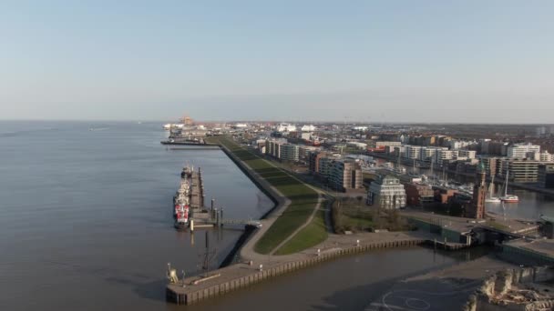 Aerial Drone Flight Waterfront Bremerhaven North Sea Germany — Stock Video
