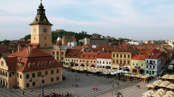 Luchtopname Van Brasov Main Square Transsylvanië Roemenië — Stockvideo