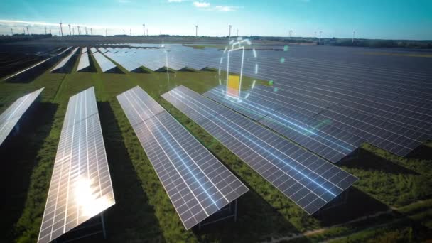 Aerial Drone Shot Digital Lines Connecting Solar Panel Farm Loading — 비디오