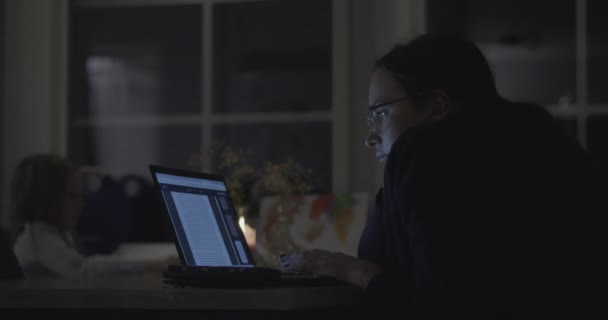 シングルマザーは夜間の娘を背景に勉強や仕事をしている — ストック動画