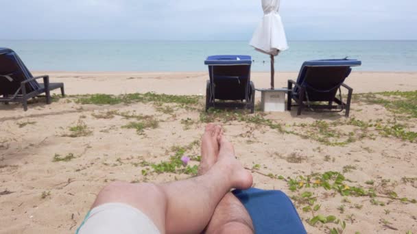 Pov Man Walking Barefoot White Sand Beach Slow Motion Summer — Vídeo de Stock