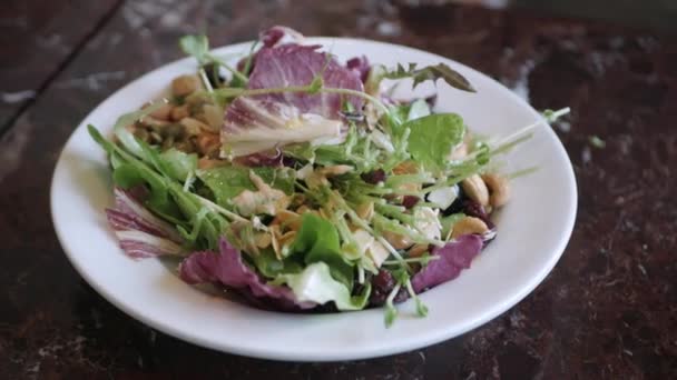 Using Fork Eat Fresh Salad White Plate Breakfast Healthy Food — Vídeos de Stock