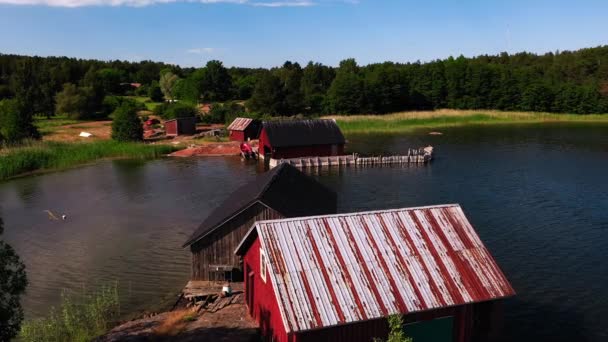 Aerial View Boatsheds Coast Aland Sunny Summer Day Finland — Stock Video