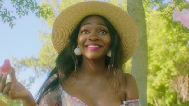 快乐微笑的黑人女士在公园里吃西瓜 在树阴下野餐 — 图库视频影像