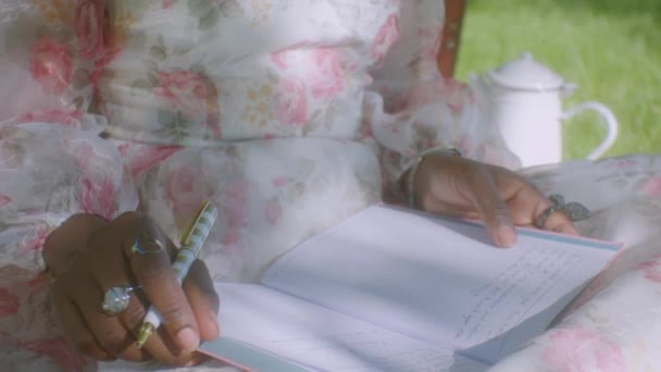 夏のドレスの黒の女性は日記に書くことを終えた 公園でのピクニック クローズアップ — ストック動画