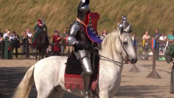 中世纪战争期间的战场上 骑着马的装甲骑士 跟踪目标 — 图库视频影像