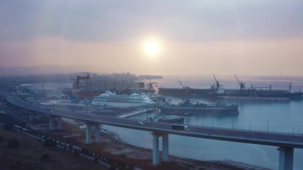 Aerial View Industrial Shipyard Highway — Stock Video