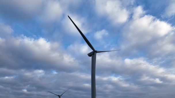 Aerial View Rising Stationary Renewable Wind Turbines Cloudy Barcelona Farmland — Vídeos de Stock