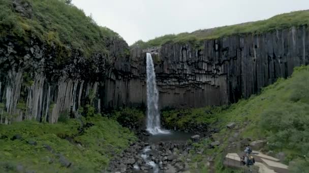 Svartifoss Waterfall Summer Vatnajokull National Park Iceland Aerial Pullback — Vídeo de stock