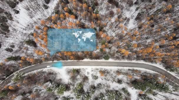 Aerial Top Autonomous Self Driving Car Narrowed Road Passing Pine — Vídeo de stock