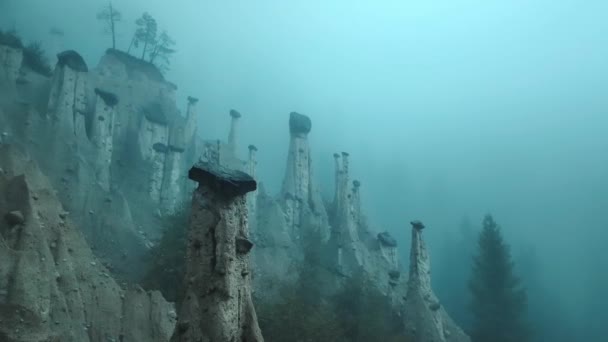 Earth Pyramids Alps Surrounded Mist Early Morning Special Natural Phenomenon — 비디오