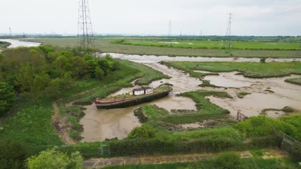 Aerial View Abandoned Boat Wat Tyler Country Park Cloudy Basildon — 비디오