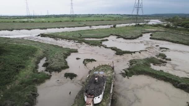Aerial View Wooden Boat Mud Stranded Abandoned 1960 Wat Tyler — Video