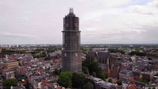 Дом Башня Утрехта Покрыта Лесами Время Реставрации Нидерландах Широкая Лестница — стоковое видео