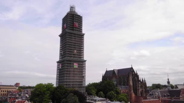 Looking Dom Tower Utrecht Covered Scaffolding Restoration Work White Clouds — Stock Video
