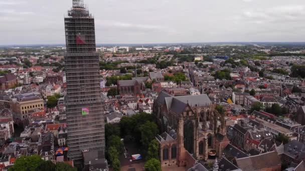 Utrecht Utrecht Kulesi Nin Iskeleyle Kaplı Havadan Görünüşü Dolly Geri — Stok video