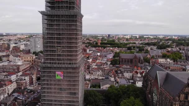 Utrecht Utrecht Kulesi Nin Iskeleyle Kaplı Havadan Görünüşü Çember Dolly — Stok video