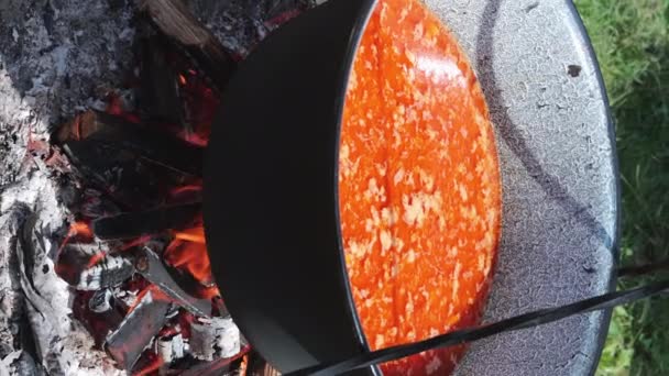 Вертикальное Видео Традиционной Гуляш Приготовления Пищи Над Огнем Большом Железном — стоковое видео